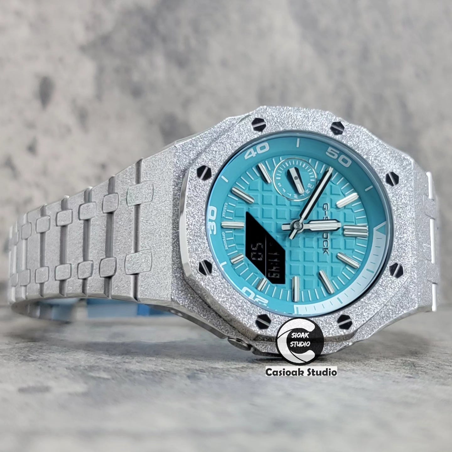 Casioak Mod Watch NEW Frosted Silver Case Metal Strap Tiff Silver Time Mark Tiff Blue Dial 44mm Sapphire Glass- Casioak Mod Casio G-Shock Royal Oak Custom Mens Luxury Watches Ga2100