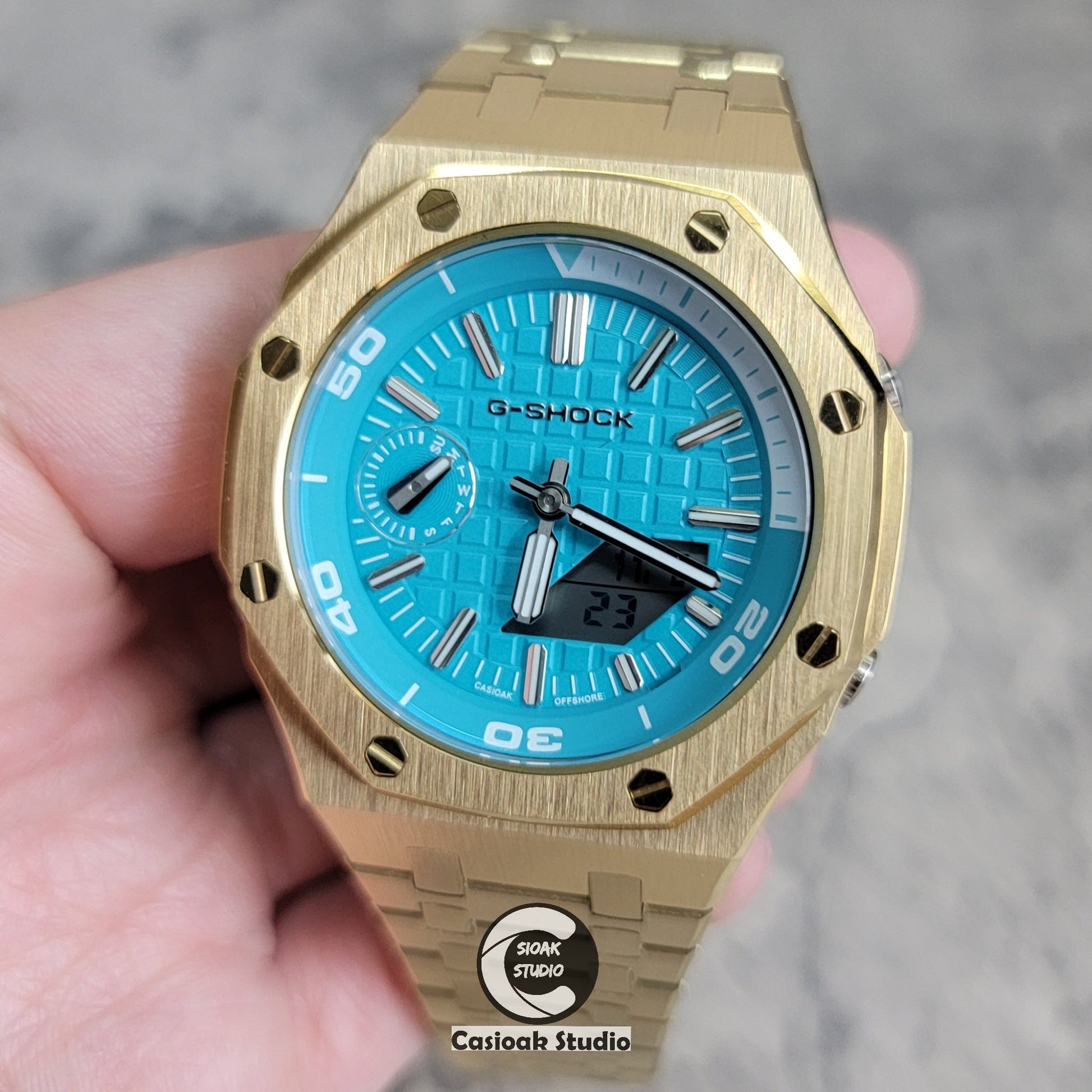 Casioak Mod Watch NEW Gold Case Metal Strap Tiff Silver Time Mark Tiff Blue Dial 44mm Sapphire Glass- Casioak Mod Casio G-Shock Royal Oak Custom Mens Luxury Watches Ga2100