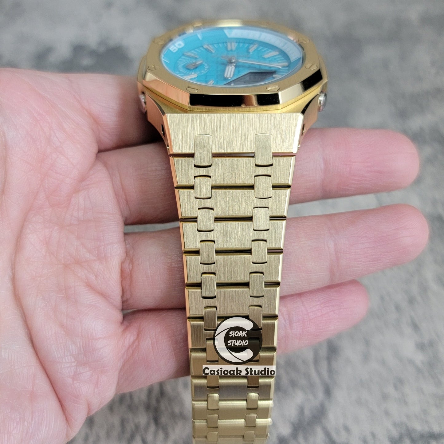 Casioak Mod Watch NEW Gold Case Metal Strap Tiff Silver Time Mark Tiff Blue Dial 44mm Sapphire Glass- Casioak Mod Casio G-Shock Royal Oak Custom Mens Luxury Watches Ga2100