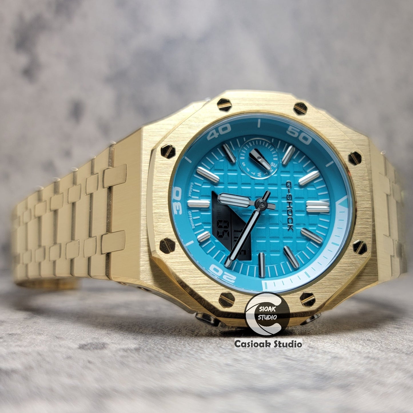 Casioak Mod Watch NEW Gold Case Metal Strap Tiff Silver Time Mark Tiff Blue Dial 44mm Sapphire Glass- Casioak Mod Casio G-Shock Royal Oak Custom Mens Luxury Watches Ga2100