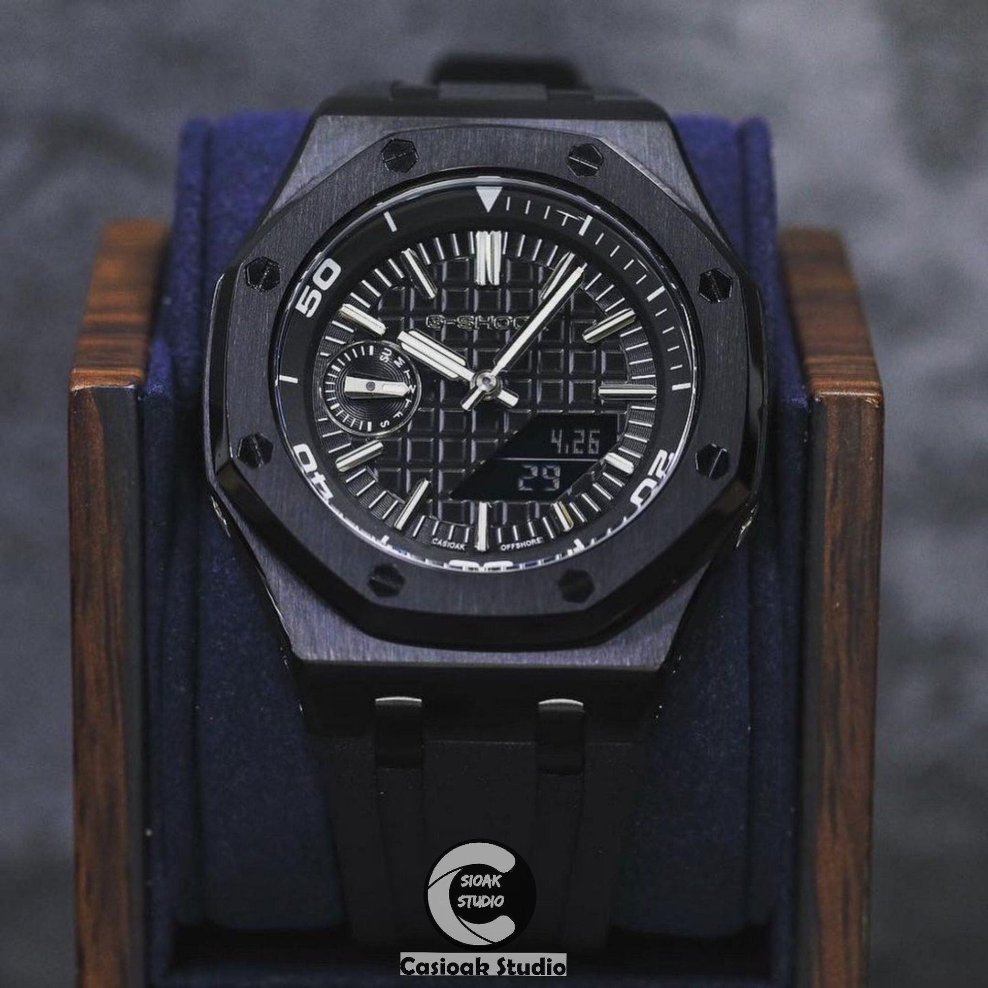 Casioak Mod Watch NEW Offshore Superior Black Case Black Rubber Strap Black Time Mark Black Dial 44mm Sapphire Glass- Casioak Mod Casio G-Shock Royal Oak Custom Mens Luxury Watches Ga2100