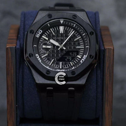 Casioak Mod Watch NEW Offshore Superior Black Case Black Rubber Strap Black Time Mark Black Dial 44mm Sapphire Glass- Casioak Mod Casio G-Shock Royal Oak Custom Mens Luxury Watches Ga2100