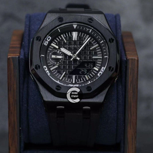 Casioak Mod Watch NEW Offshore Superior Black Case Black Rubber Strap Black Time Mark Black Dial 44mm Sapphire Glass- Casioak Mod Casio G-Shock Royal Oak Custom Mens Luxury Watches Ga2100