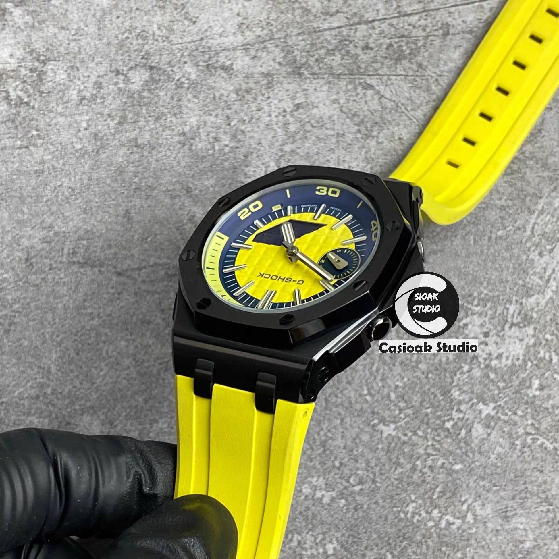 Casioak Mod Watch NEW Offshore Superior Black Case Yellow Rubber Strap Silver Time Mark Yellow Dial 44mm Sapphire Glass- Casioak Mod Casio G-Shock Royal Oak Custom Mens Luxury Watches Ga2100