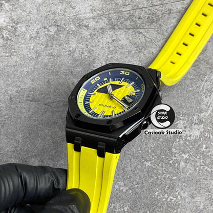 Casioak Mod Watch NEW Offshore Superior Black Case Yellow Rubber Strap Silver Time Mark Yellow Dial 44mm Sapphire Glass- Casioak Mod Casio G-Shock Royal Oak Custom Mens Luxury Watches Ga2100