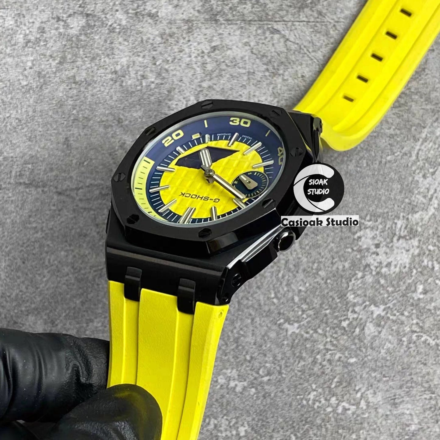 Casioak Mod Watch NEW Offshore Superior Black Case Yellow Rubber Strap Silver Time Mark Yellow Dial 44mm Sapphire Glass- Casioak Mod Casio G-Shock Royal Oak Custom Mens Luxury Watches Ga2100