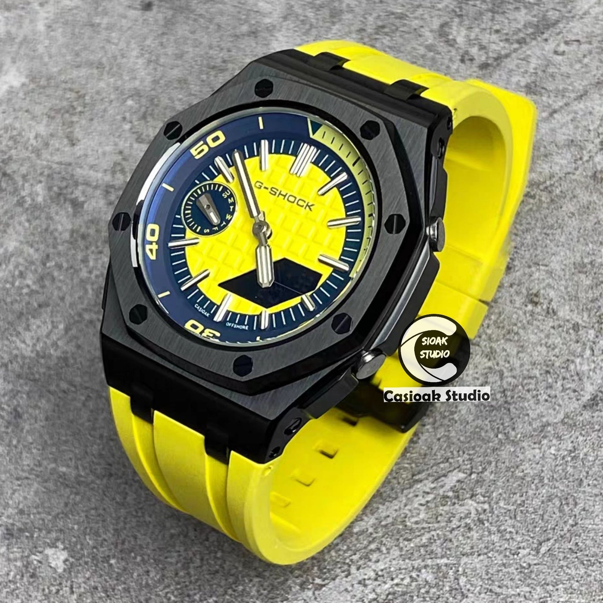 Casioak Mod Watch NEW Offshore Superior Black Case Yellow Rubber Strap Silver Time Mark Yellow Dial 44mm Sapphire Glass- Casioak Mod Casio G-Shock Royal Oak Custom Mens Luxury Watches Ga2100