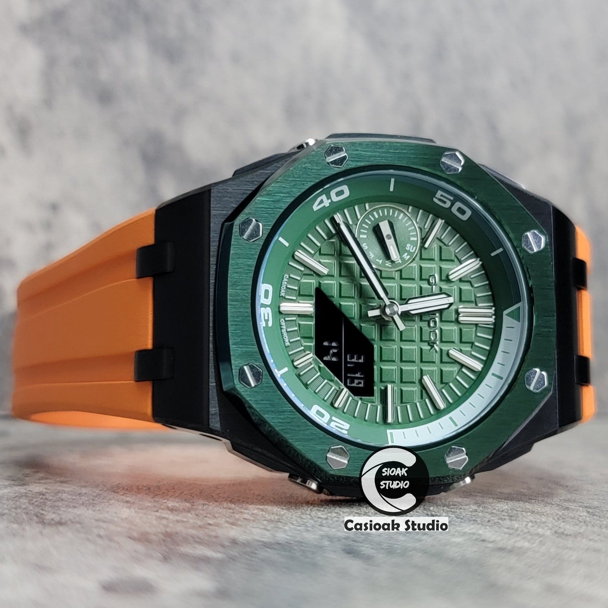 Casioak Mod Watch NEW Offshore Superior Green Black Case Orange Rubber Strap Green Time Mark Green Dial 44mm Sapphire Glass- Casioak Mod Casio G-Shock Royal Oak Custom Mens Luxury Watches Ga2100