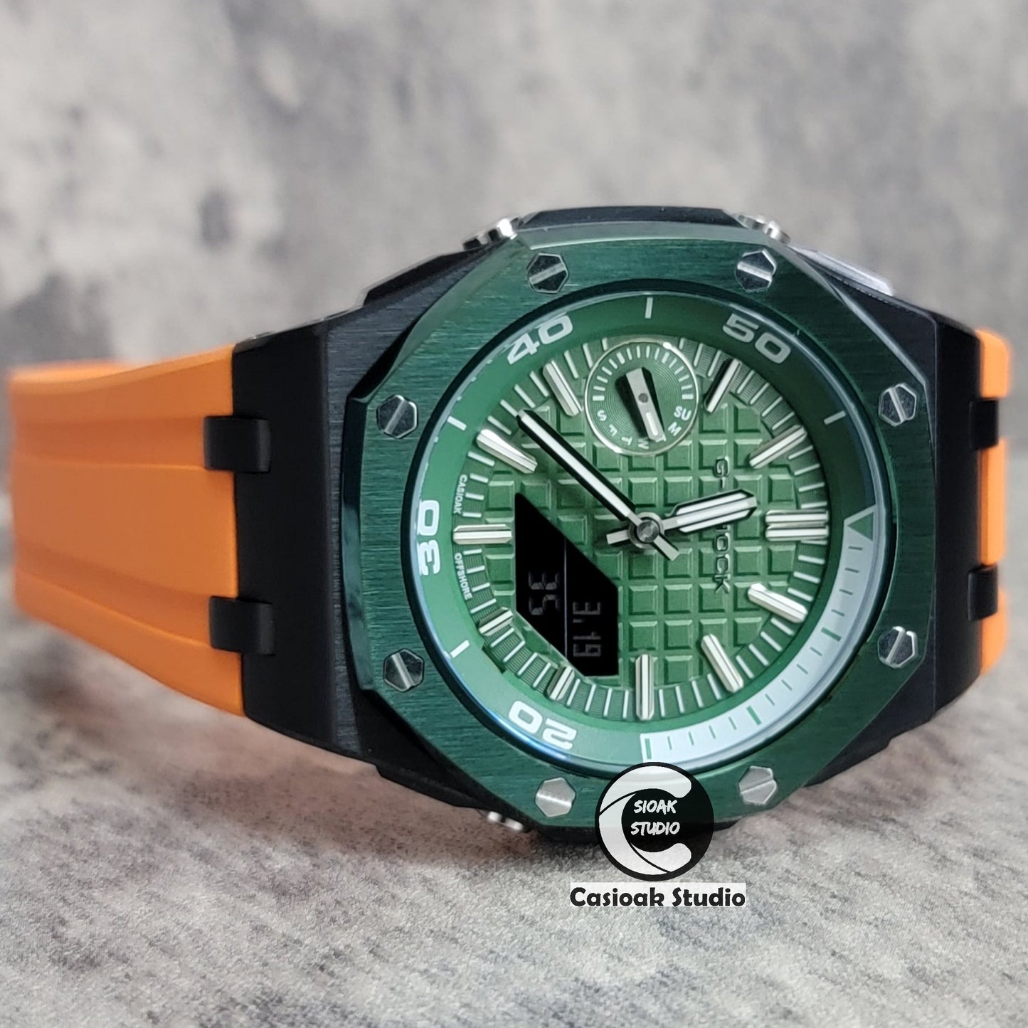 Casioak Mod Watch NEW Offshore Superior Green Black Case Orange Rubber Strap Green Time Mark Green Dial 44mm Sapphire Glass- Casioak Mod Casio G-Shock Royal Oak Custom Mens Luxury Watches Ga2100