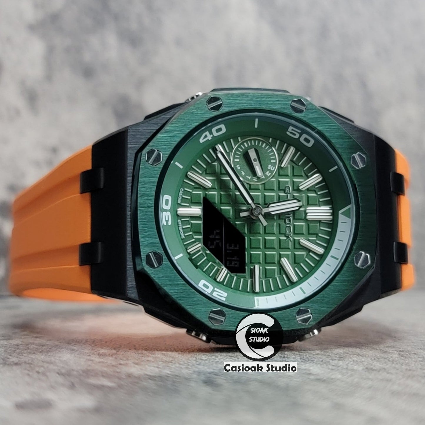 Casioak Mod Watch NEW Offshore Superior Green Black Case Orange Rubber Strap Green Time Mark Green Dial 44mm Sapphire Glass- Casioak Mod Casio G-Shock Royal Oak Custom Mens Luxury Watches Ga2100