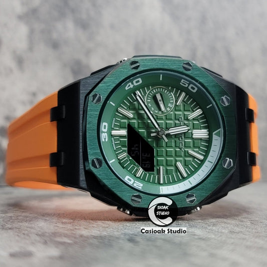 Casioak Mod Watch NEW Offshore Superior Green Black Case Orange Rubber Strap Green Time Mark Green Dial 44mm Sapphire Glass- Casioak Mod Casio G-Shock Royal Oak Custom Mens Luxury Watches Ga2100