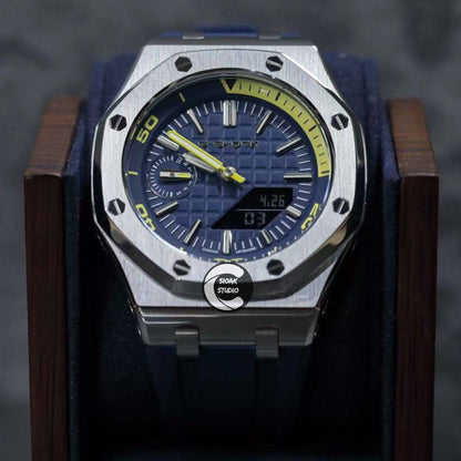 Casioak Mod Watch NEW Offshore Superior Silver Case Blue Rubber Strap Blue Time Mark Blue Dial 44mm Sapphire Glass- Casioak Mod Casio G-Shock Royal Oak Custom Mens Luxury Watches Ga2100