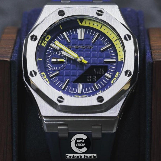 Casioak Mod Watch NEW Offshore Superior Silver Case Blue Rubber Strap Blue Time Mark Blue Dial 44mm Sapphire Glass- Casioak Mod Casio G-Shock Royal Oak Custom Mens Luxury Watches Ga2100