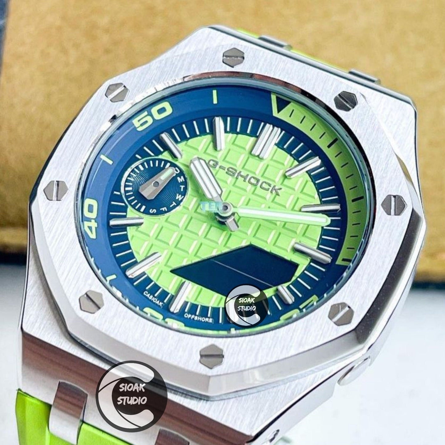 Casioak Mod Watch NEW Offshore Superior Silver Case Green Rubber Strap Blue Green Time Mark Green Dial 44mm Sapphire Glass- Casioak Mod Casio G-Shock Royal Oak Custom Mens Luxury Watches Ga2100