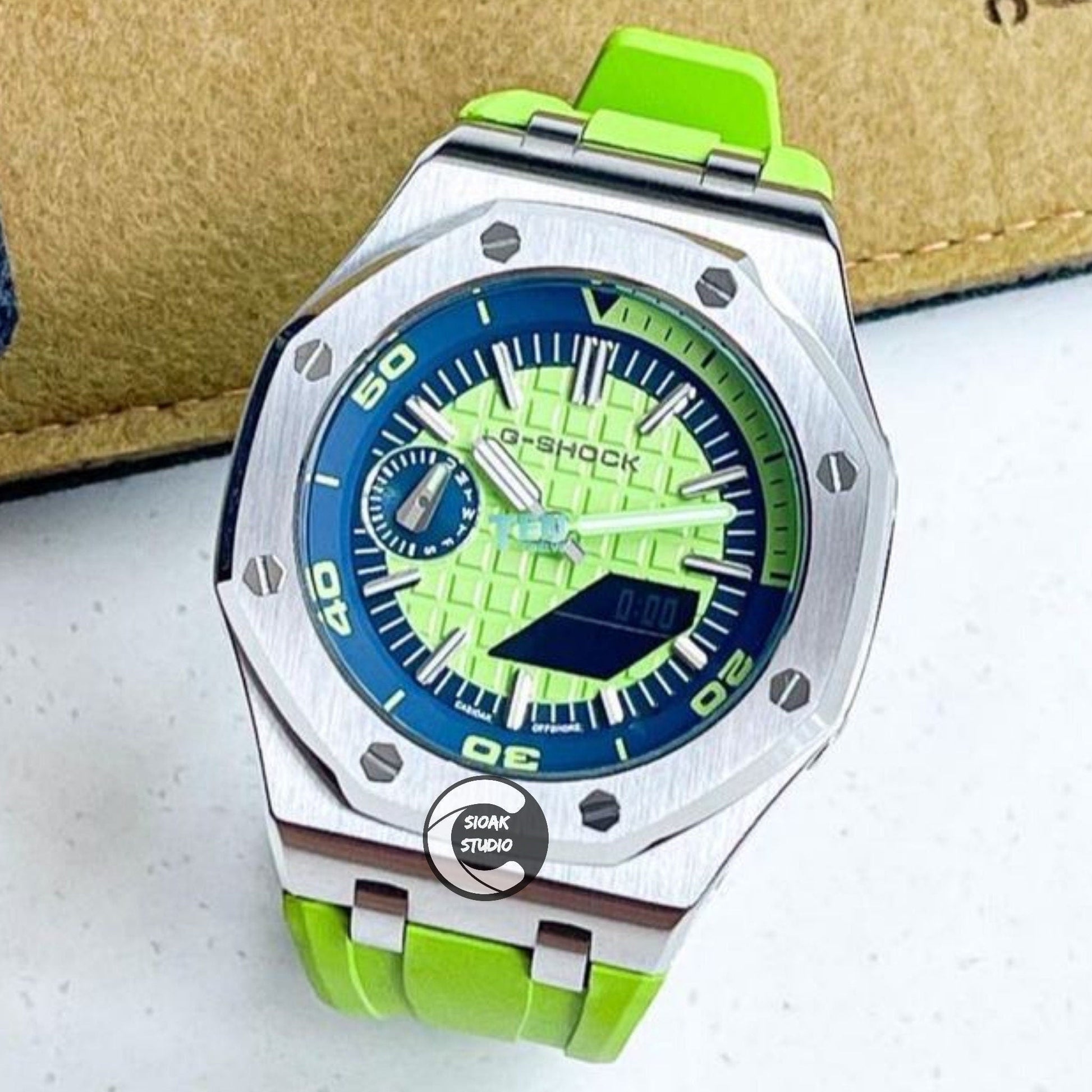 Casioak Mod Watch NEW Offshore Superior Silver Case Green Rubber Strap Blue Green Time Mark Green Dial 44mm Sapphire Glass- Casioak Mod Casio G-Shock Royal Oak Custom Mens Luxury Watches Ga2100