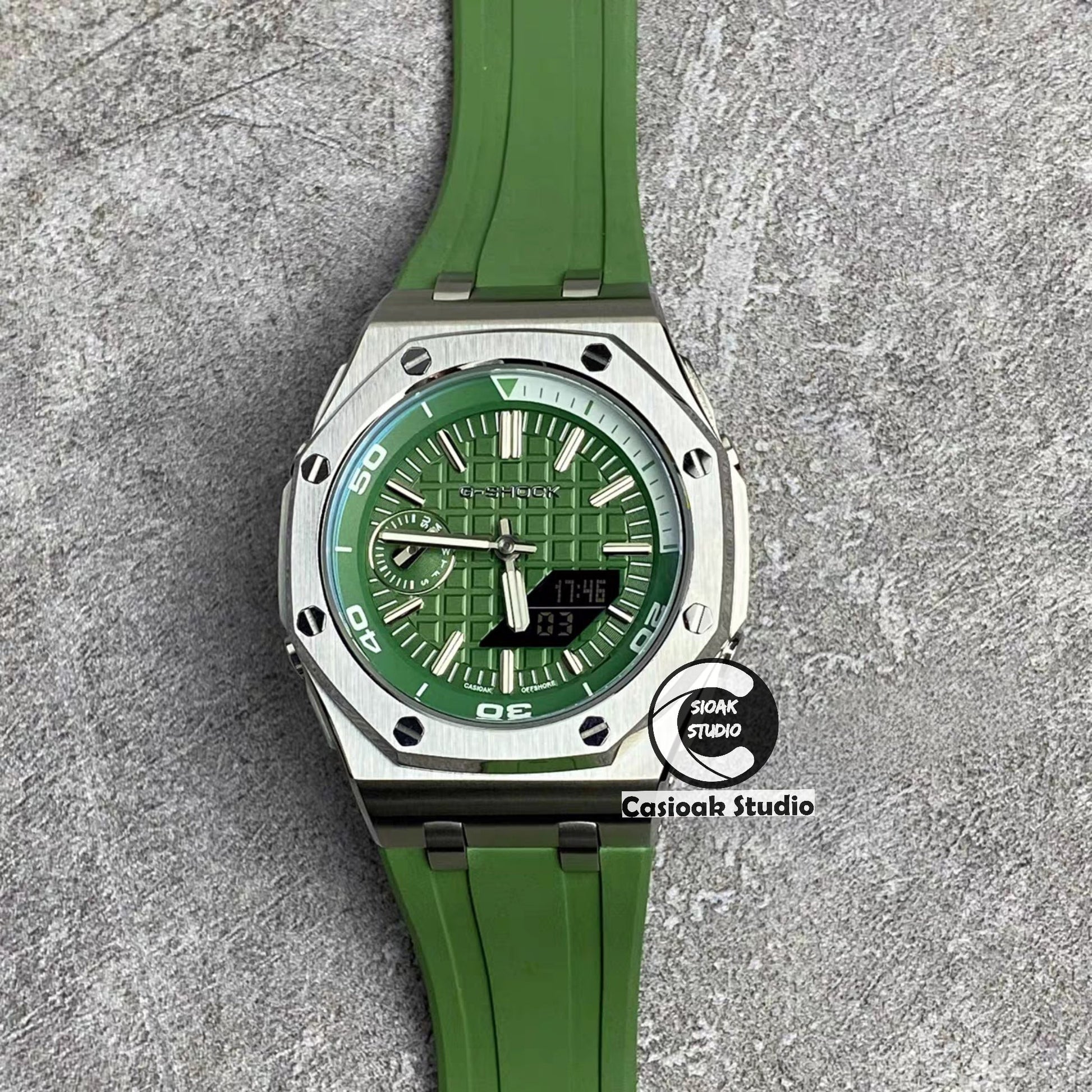 Casioak Mod Watch NEW Offshore Superior Silver Case Metal Strap Green Dial 44mm Sapphire Glass- Casioak Mod Casio G-Shock Royal Oak Custom Mens Luxury Watches Ga2100