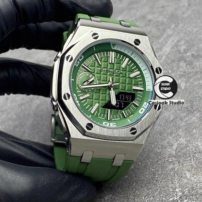 Casioak Mod Watch NEW Offshore Superior Silver Case Metal Strap Green Dial 44mm Sapphire Glass- Casioak Mod Casio G-Shock Royal Oak Custom Mens Luxury Watches Ga2100