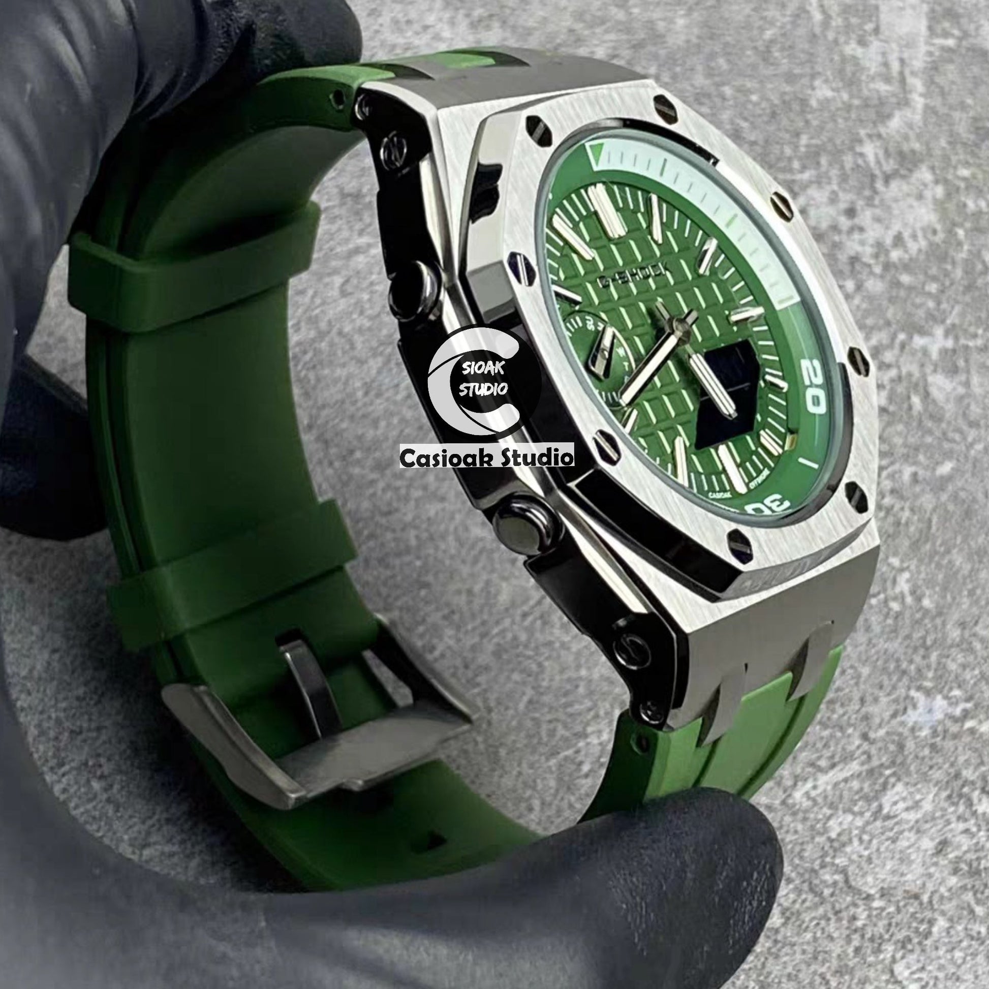 Casioak Mod Watch NEW Offshore Superior Silver Case Metal Strap Green Dial 44mm Sapphire Glass- Casioak Mod Casio G-Shock Royal Oak Custom Mens Luxury Watches Ga2100