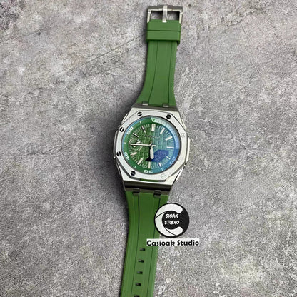 Casioak Mod Watch NEW Offshore Superior Silver Case Metal Strap Green Dial 44mm Sapphire Glass- Casioak Mod Casio G-Shock Royal Oak Custom Mens Luxury Watches Ga2100