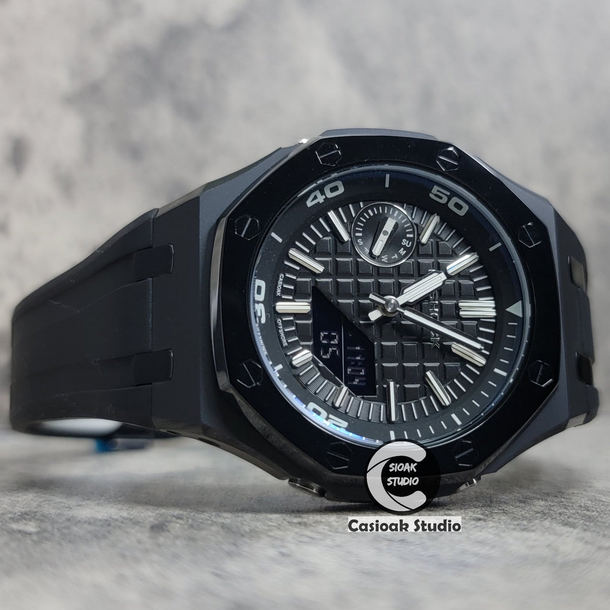 Casioak Mod Watch NEW Polished Black Case Black Strap Silver Time Mark Black Dial 44mm Sapphire Glass- Casioak Mod Casio G-Shock Royal Oak Custom Mens Luxury Watches Ga2100