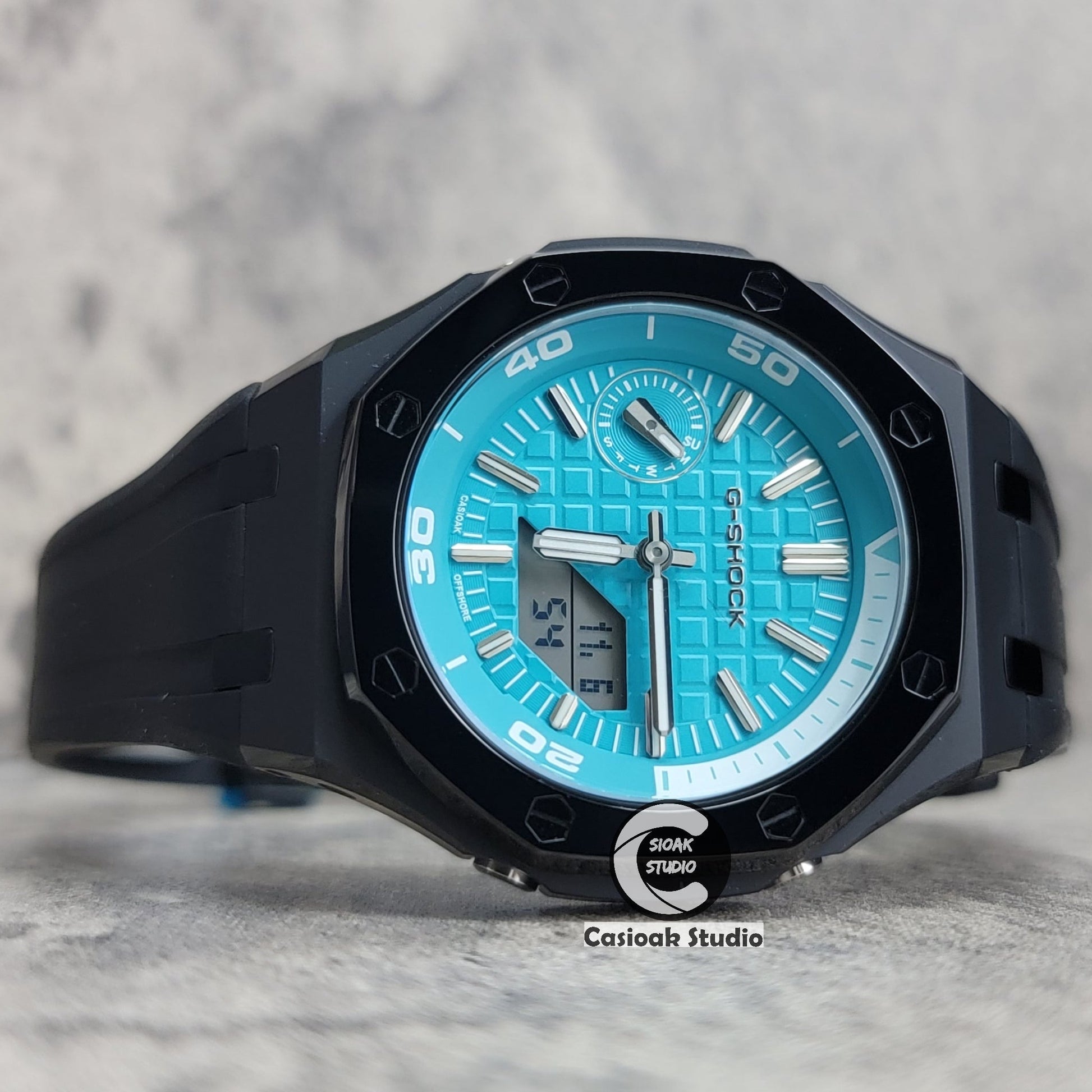 Casioak Mod Watch NEW Polished Black Case Black Strap Silver Time Mark Tiff Blue Dial 44mm Sapphire Glass- Casioak Mod Casio G-Shock Royal Oak Custom Mens Luxury Watches Ga2100