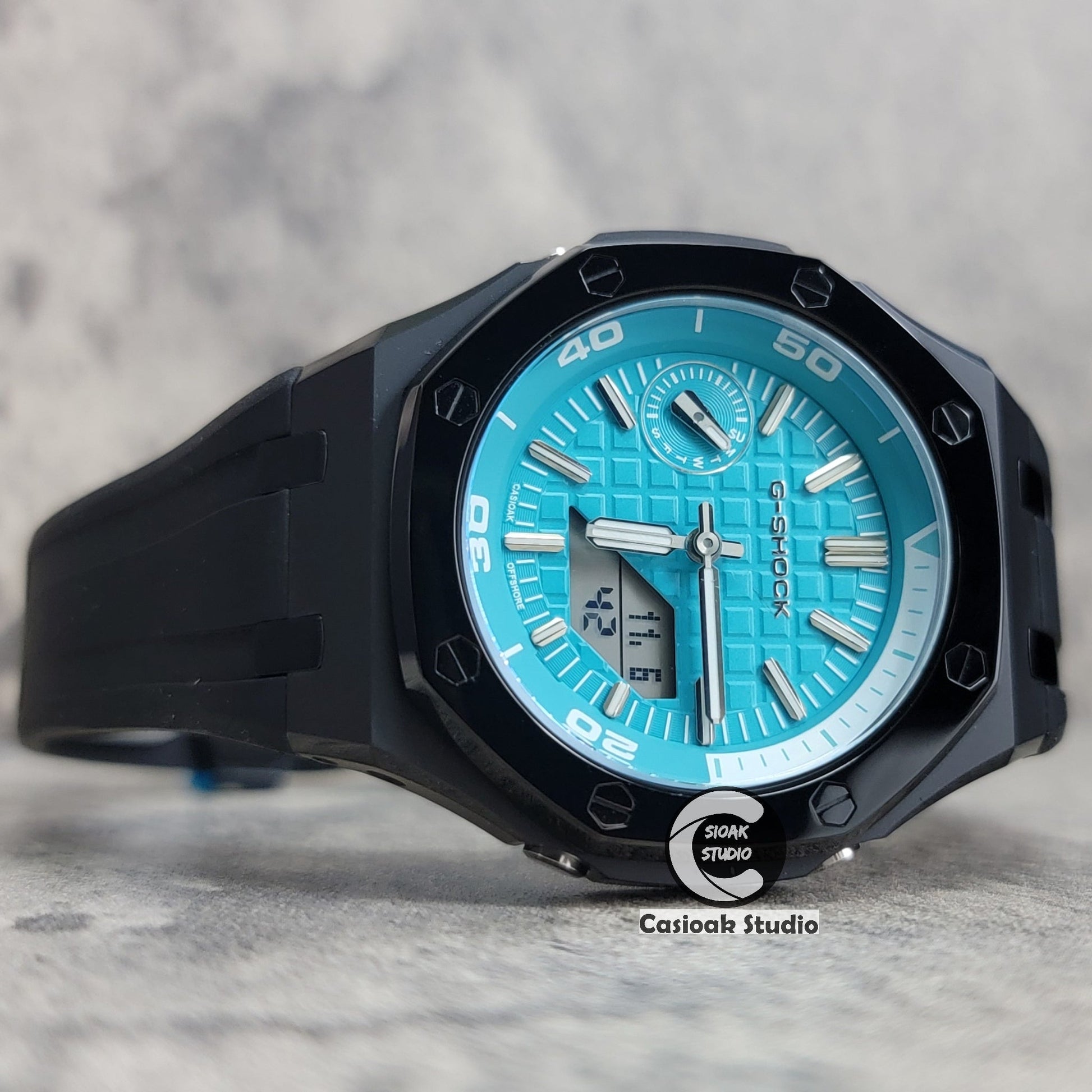 Casioak Mod Watch NEW Polished Black Case Black Strap Silver Time Mark Tiff Blue Dial 44mm Sapphire Glass- Casioak Mod Casio G-Shock Royal Oak Custom Mens Luxury Watches Ga2100