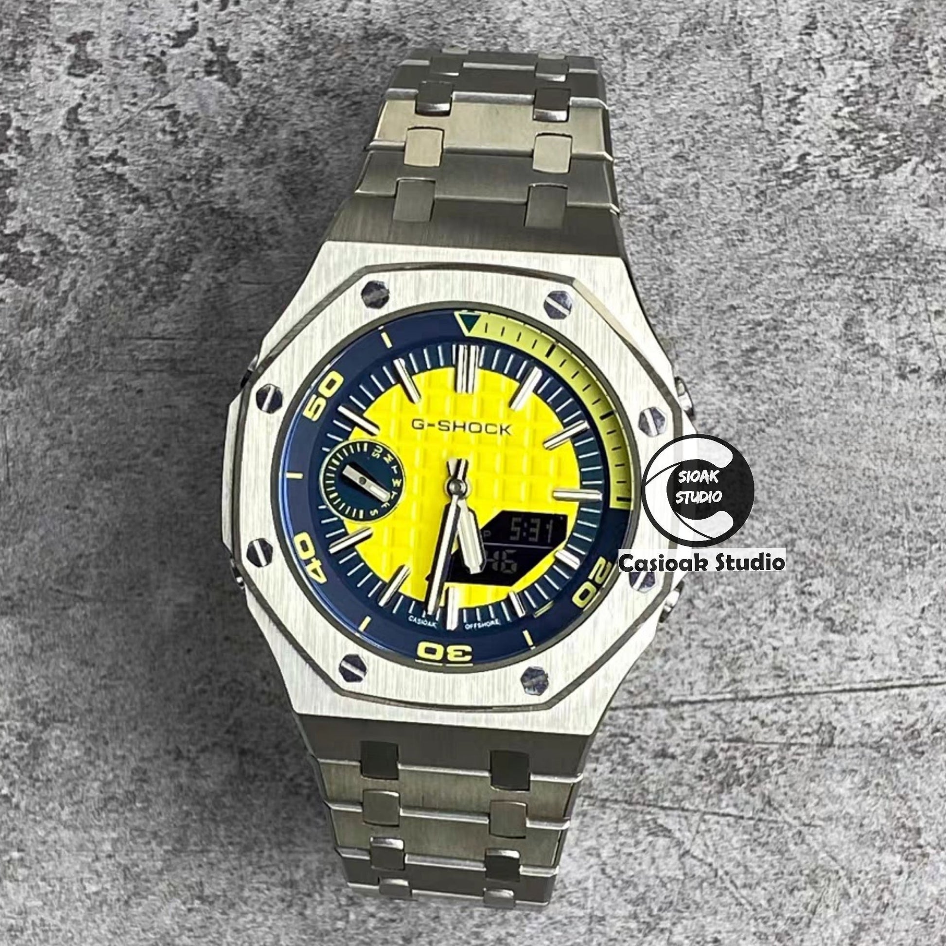 Casioak Mod Watch NEW Silver Case Metal Strap Silver Time Mark Yellow Dial 44mm Sapphire Glass- Casioak Mod Casio G-Shock Royal Oak Custom Mens Luxury Watches Ga2100