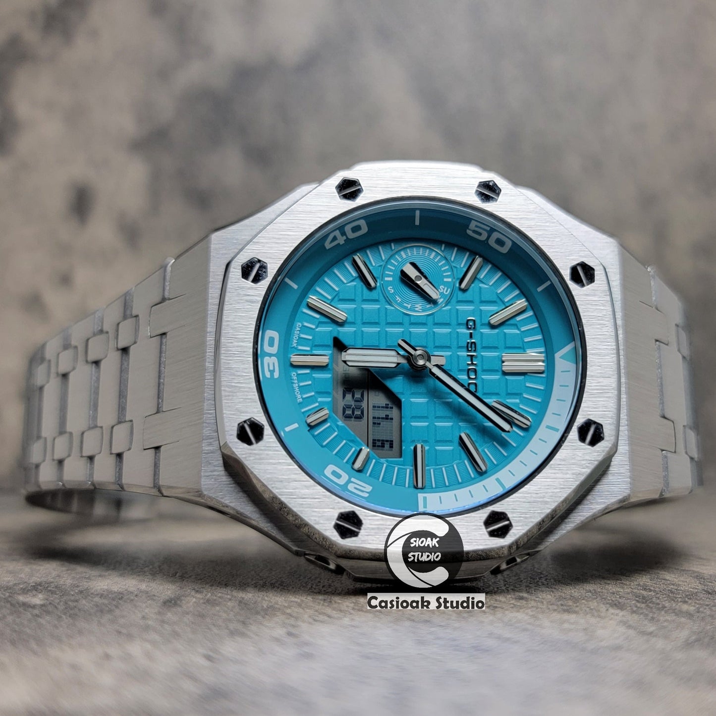 Casioak Mod Watch NEW Silver Case Metal Strap Tiff Silver Time Mark Tiff Blue Dial 44mm Sapphire Glass- Casioak Mod Casio G-Shock Royal Oak Custom Mens Luxury Watches Ga2100