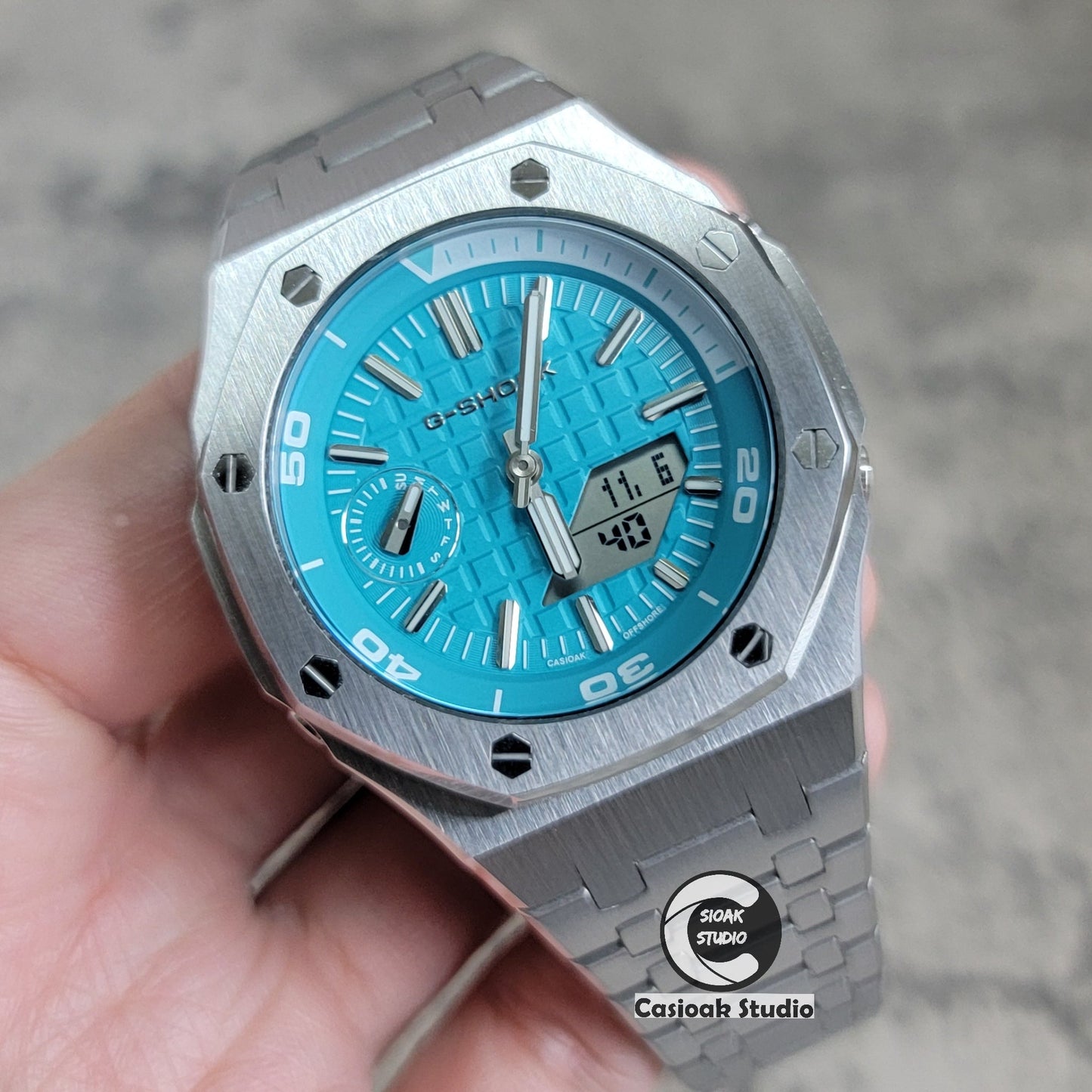 Casioak Mod Watch NEW Silver Case Metal Strap Tiff Silver Time Mark Tiff Blue Dial 44mm Sapphire Glass- Casioak Mod Casio G-Shock Royal Oak Custom Mens Luxury Watches Ga2100