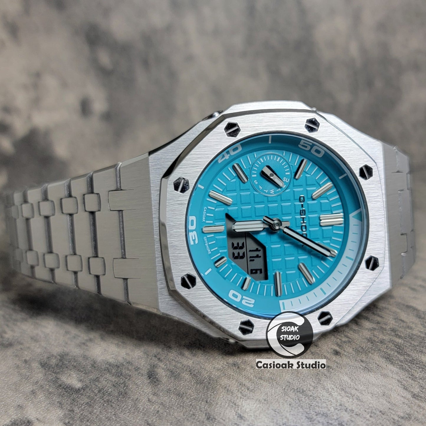 Casioak Mod Watch NEW Silver Case Metal Strap Tiff Silver Time Mark Tiff Blue Dial 44mm Sapphire Glass- Casioak Mod Casio G-Shock Royal Oak Custom Mens Luxury Watches Ga2100