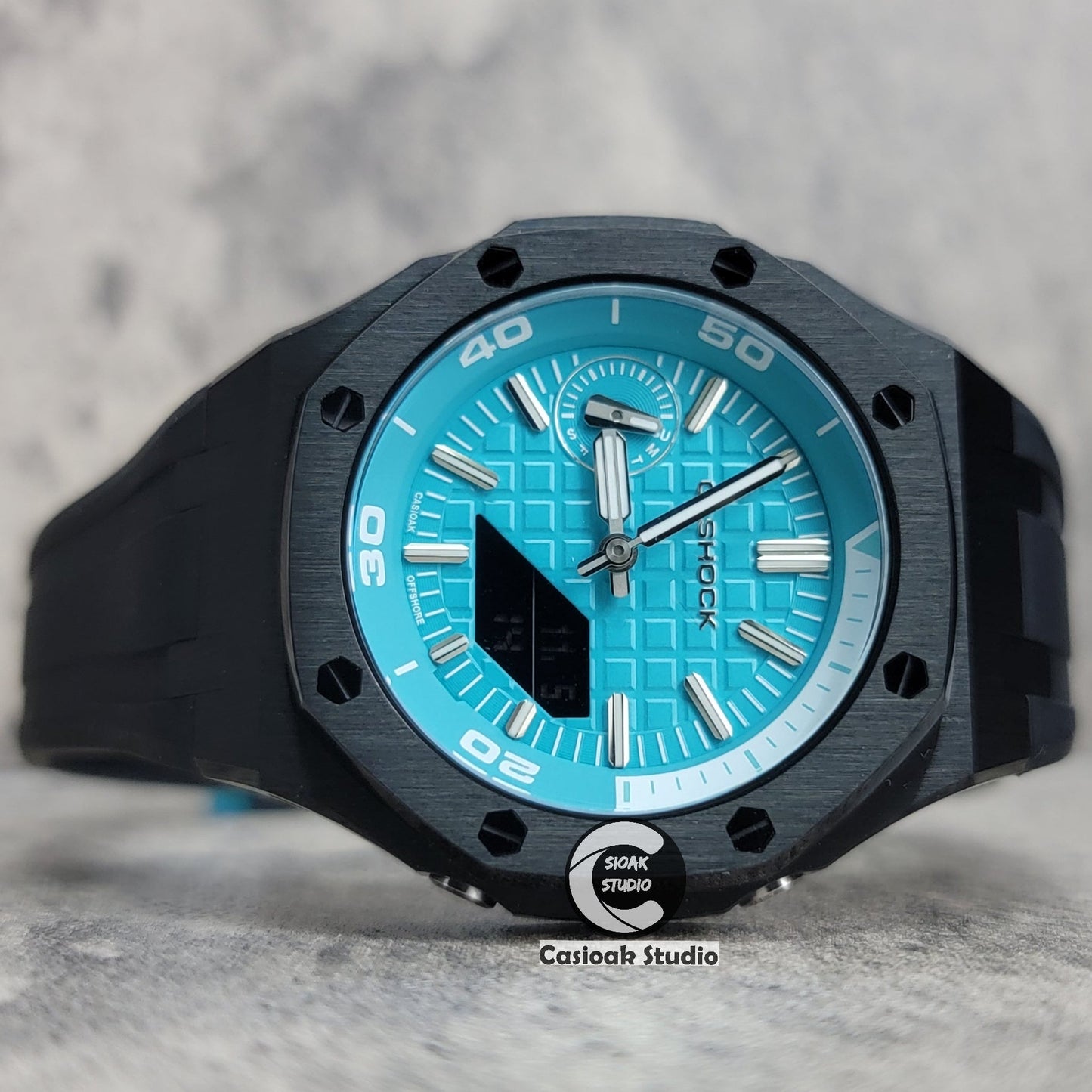 Casioak Mod Watch New Black Case Black Rubber Strap Silver Time Mark Tiff Blue Dial 44mm Sapphire Glass- Casioak Mod Casio G-Shock Royal Oak Custom Mens Luxury Watches Ga2100