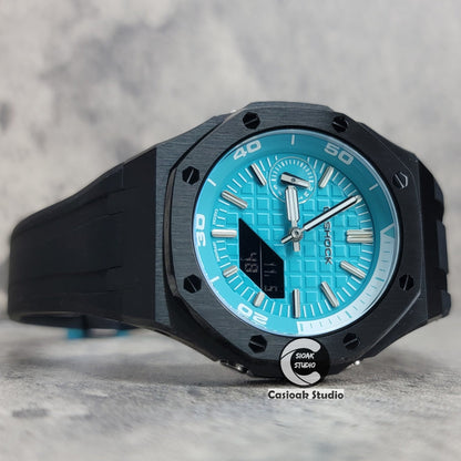 Casioak Mod Watch New Black Case Black Rubber Strap Silver Time Mark Tiff Blue Dial 44mm Sapphire Glass- Casioak Mod Casio G-Shock Royal Oak Custom Mens Luxury Watches Ga2100