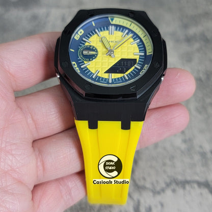 Casioak Mod Watch New Black Case Yellow Rubber Strap Blue Yellow Time Mark Yellow Waffle Dial 44mm Sapphire Glass- Casioak Mod Casio G-Shock Royal Oak Custom Mens Luxury Watches Ga2100