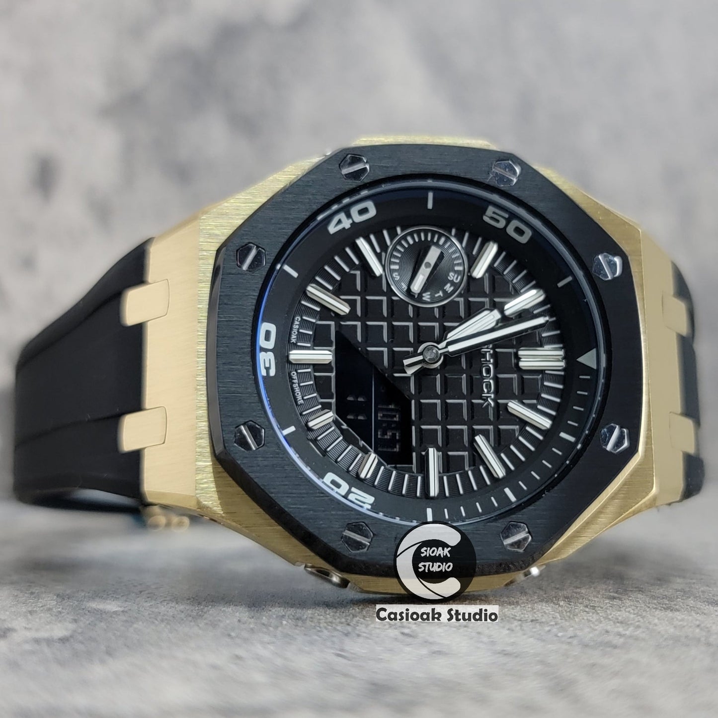 Casioak Mod Watch New Black Gold Case Black Rubber Strap Black Time Mark Black Dial 44mm Blue Sapphire Glass- Casioak Mod Casio G-Shock Royal Oak Custom Mens Luxury Watches Ga2100