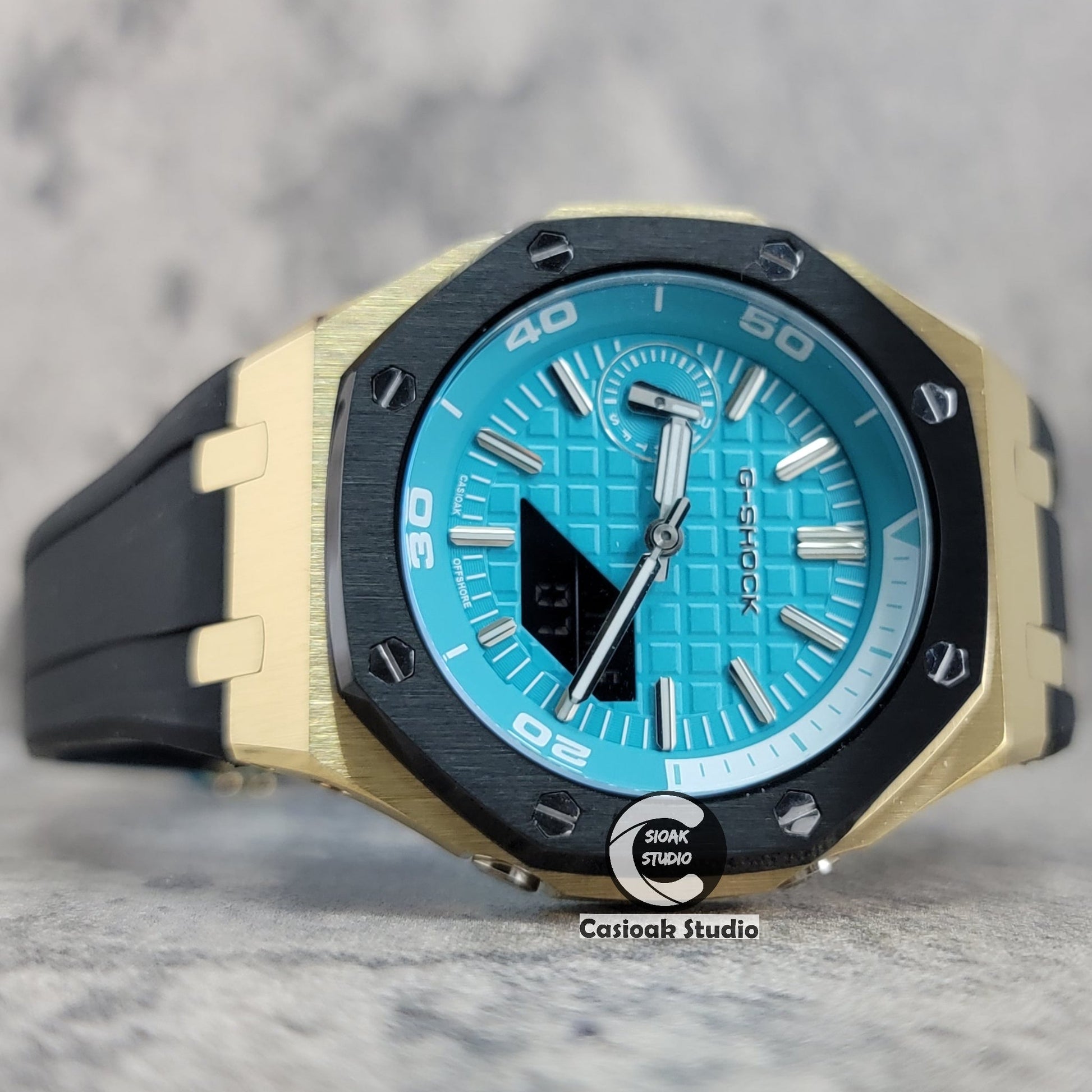 Casioak Mod Watch New Gold Black Case Black Rubber Strap Silver Time Mark Tiff Blue Dial 44mm Sapphire Glass- Casioak Mod Casio G-Shock Royal Oak Custom Mens Luxury Watches Ga2100