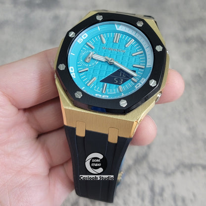 Casioak Mod Watch New Gold Black Case Black Rubber Strap Silver Time Mark Tiff Blue Dial 44mm Sapphire Glass- Casioak Mod Casio G-Shock Royal Oak Custom Mens Luxury Watches Ga2100