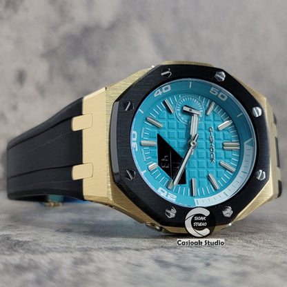 Casioak Mod Watch New Gold Black Case Black Rubber Strap Silver Time Mark Tiff Blue Dial 44mm Sapphire Glass- Casioak Mod Casio G-Shock Royal Oak Custom Mens Luxury Watches Ga2100