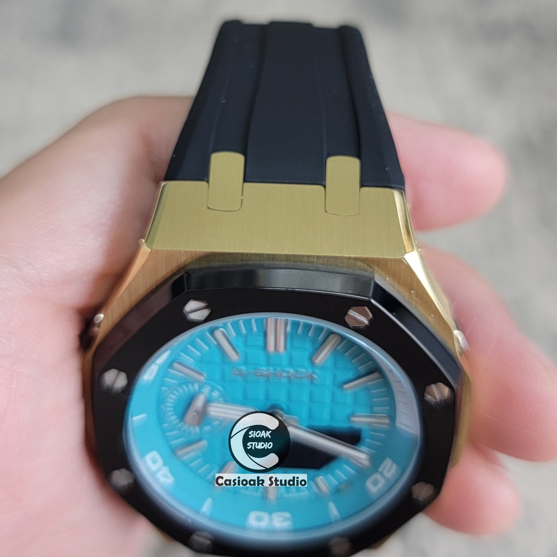 Casioak Mod Watch New Gold Black Case Black Rubber Strap Silver Time Mark Tiff Blue Dial 44mm Sapphire Glass- Casioak Mod Casio G-Shock Royal Oak Custom Mens Luxury Watches Ga2100