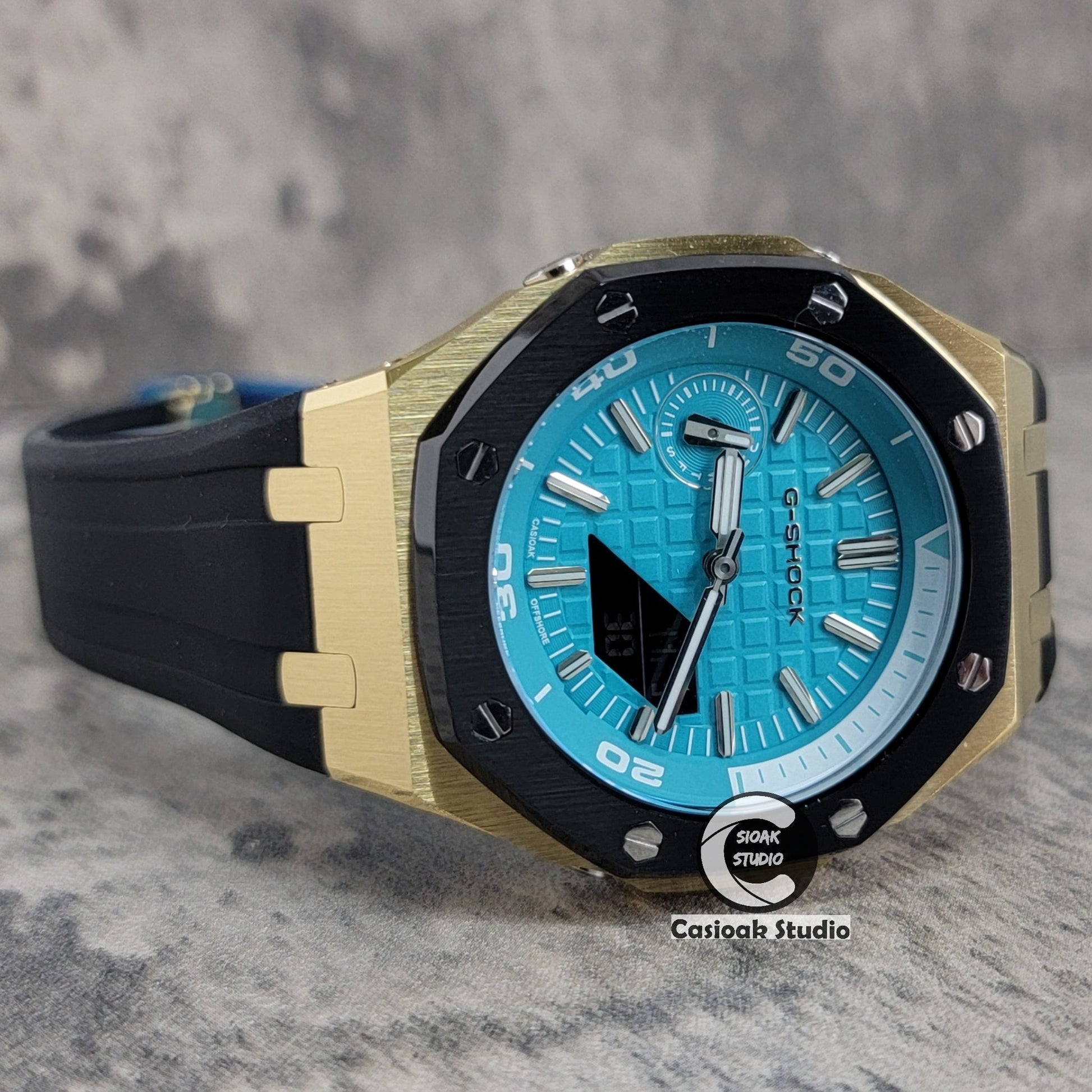 Casioak Mod Watch New Gold Black Case Black Rubber Strap Silver Time Mark Tiff Blue Dial 44mm Sapphire Glass- Casioak Mod Casio G-Shock Royal Oak Custom Mens Luxury Watches Ga2100