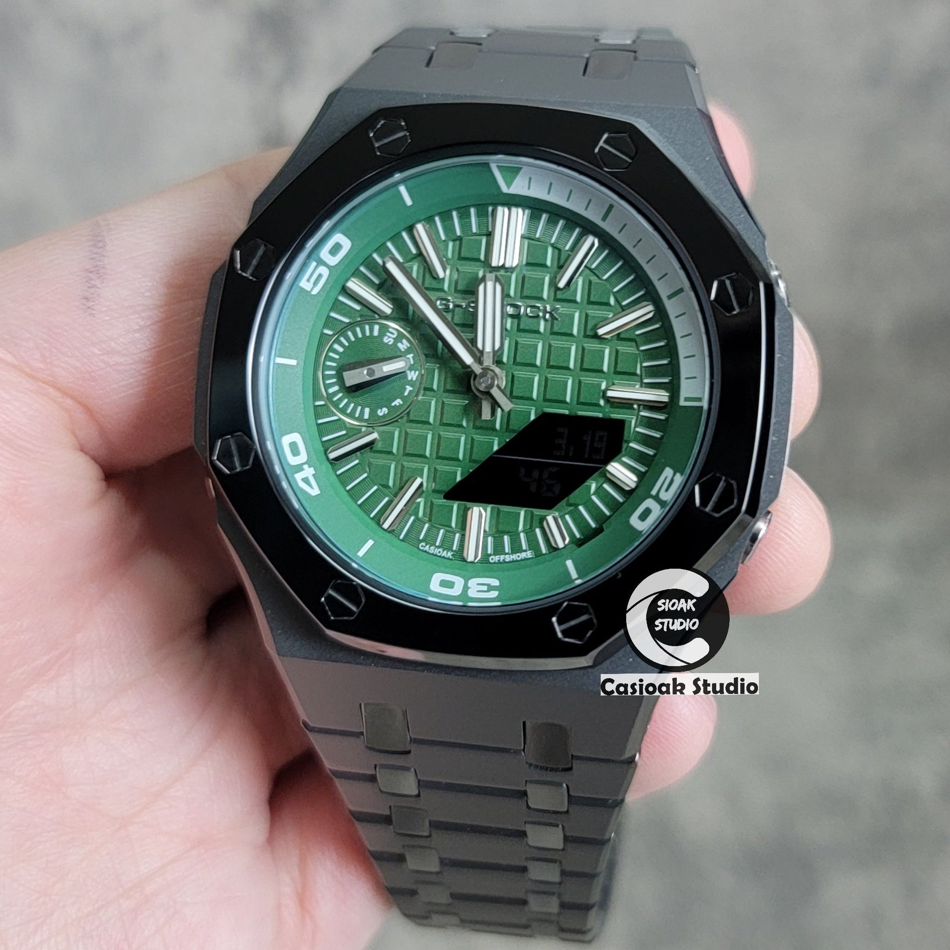 Casioak Mod Watch New Polished Gray Case Metal Strap Green Time Mark Green Dial 44mm Sapphire Glass- Casioak Mod Casio G-Shock Royal Oak Custom Mens Luxury Watches Ga2100