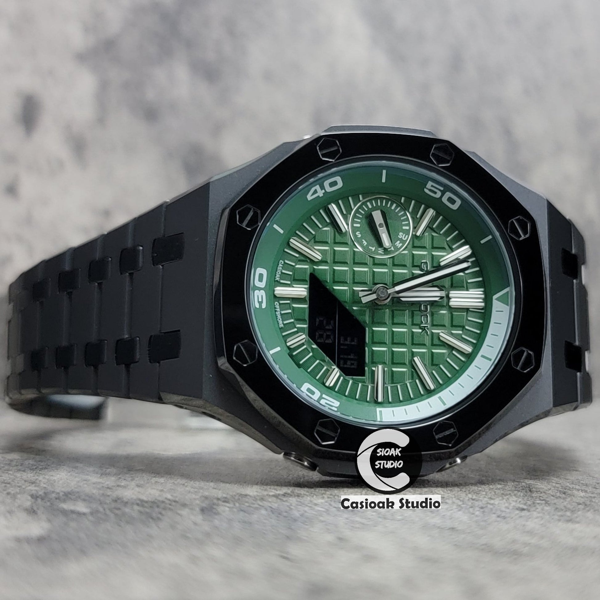 Casioak Mod Watch New Polished Gray Case Metal Strap Green Time Mark Green Dial 44mm Sapphire Glass- Casioak Mod Casio G-Shock Royal Oak Custom Mens Luxury Watches Ga2100