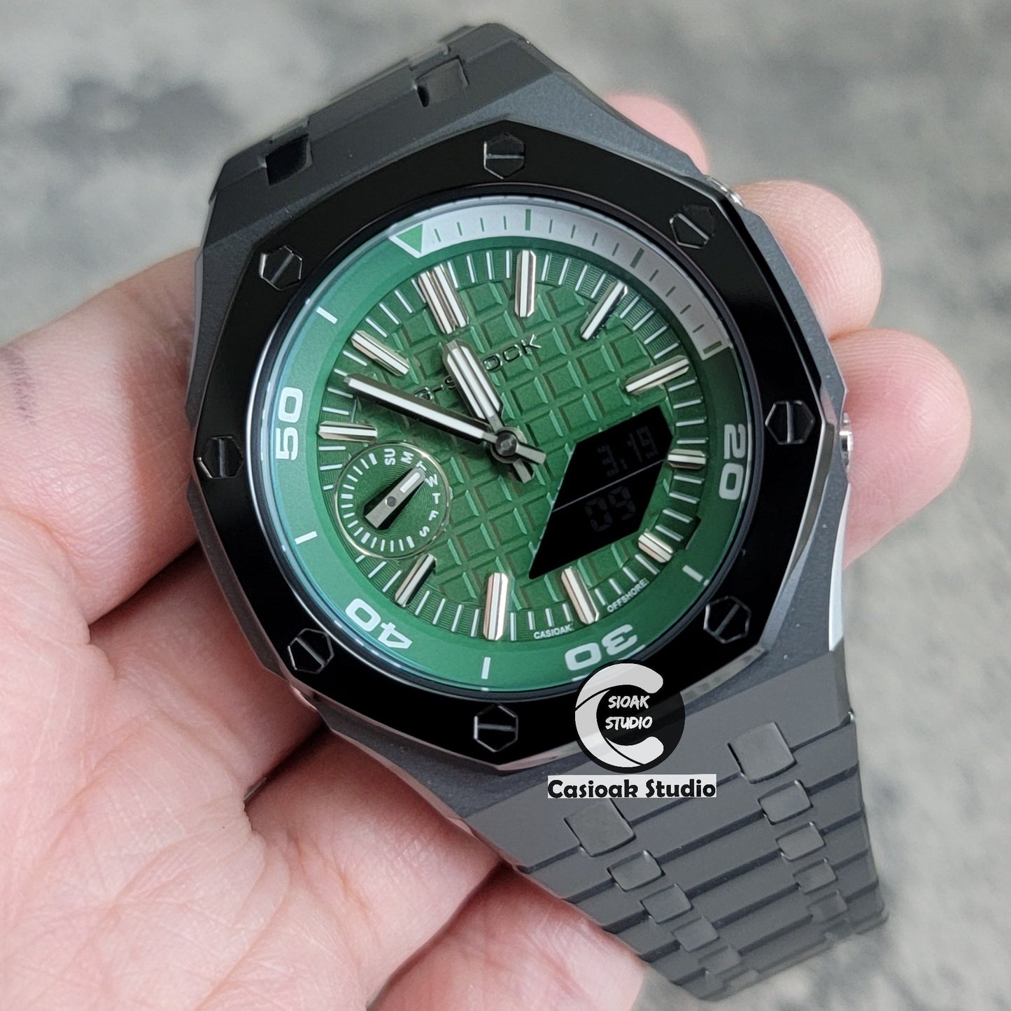 Casioak Mod Watch New Polished Gray Case Metal Strap Green Time Mark Green Dial 44mm Sapphire Glass- Casioak Mod Casio G-Shock Royal Oak Custom Mens Luxury Watches Ga2100