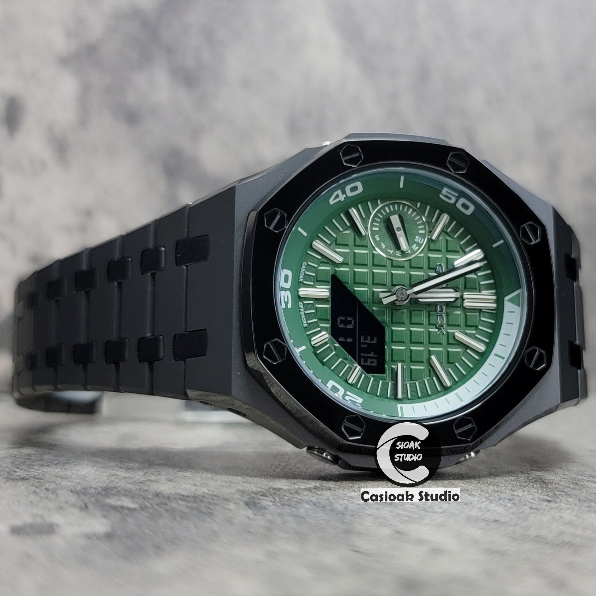 Casioak Mod Watch New Polished Gray Case Metal Strap Green Time Mark Green Dial 44mm Sapphire Glass- Casioak Mod Casio G-Shock Royal Oak Custom Mens Luxury Watches Ga2100