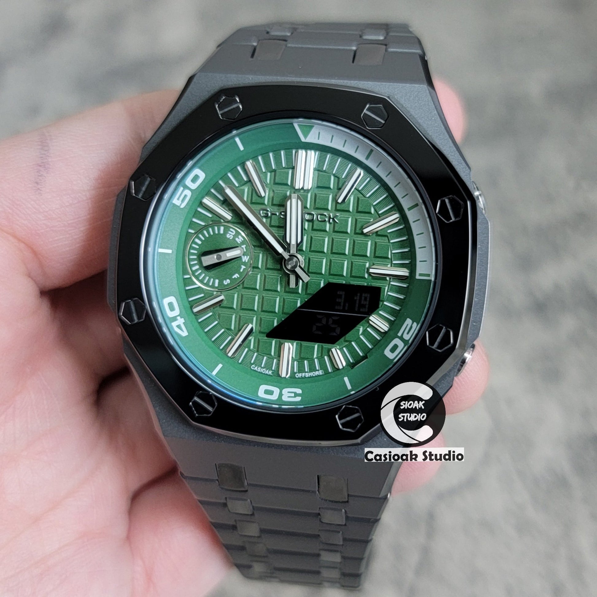 Casioak Mod Watch New Polished Gray Case Metal Strap Green Time Mark Green Dial 44mm Sapphire Glass- Casioak Mod Casio G-Shock Royal Oak Custom Mens Luxury Watches Ga2100