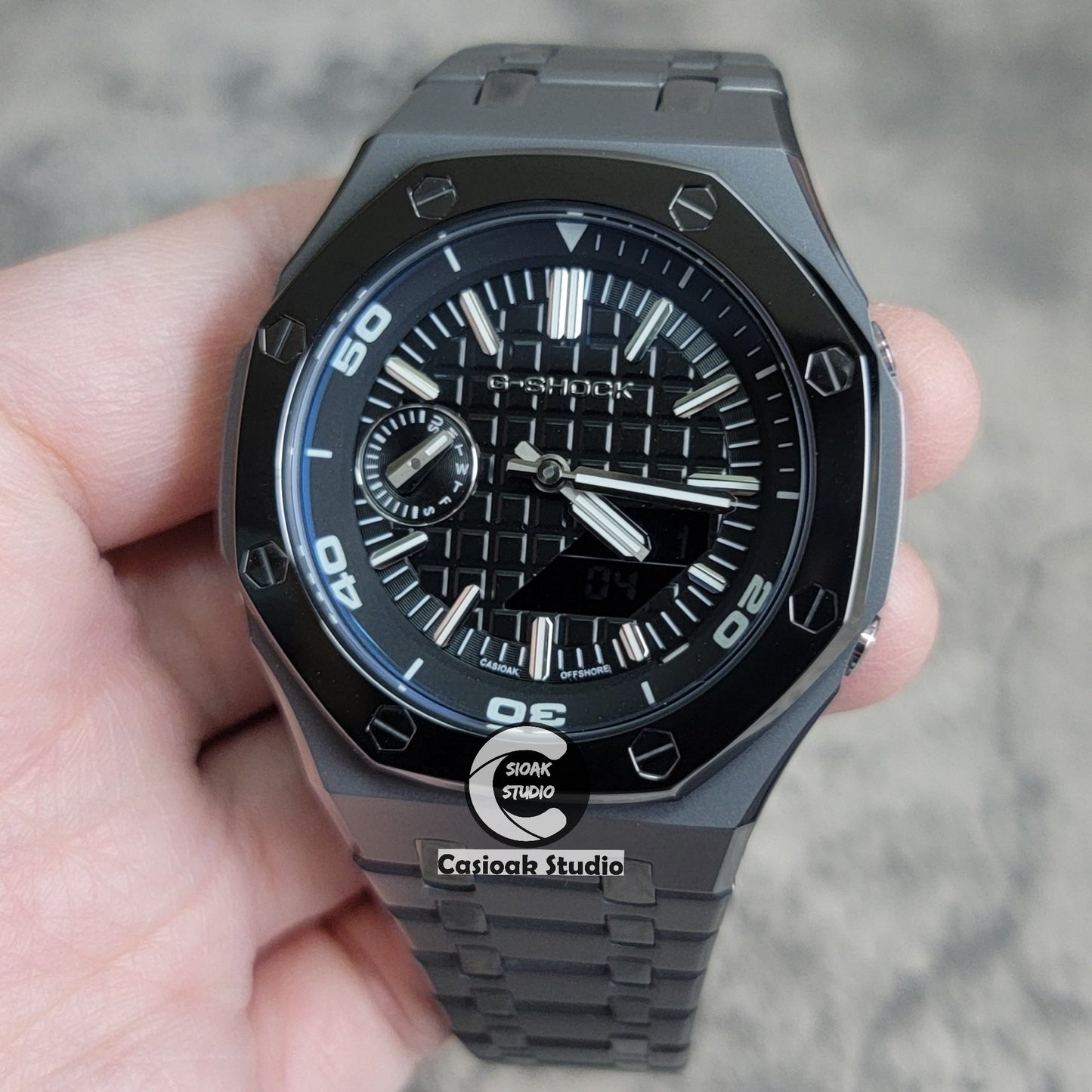 Casioak Mod Watch New Polished Gray Case Metal Strap Silver Time Mark Black Dial 44mm Sapphire Glass- Casioak Mod Casio G-Shock Royal Oak Custom Mens Luxury Watches Ga2100