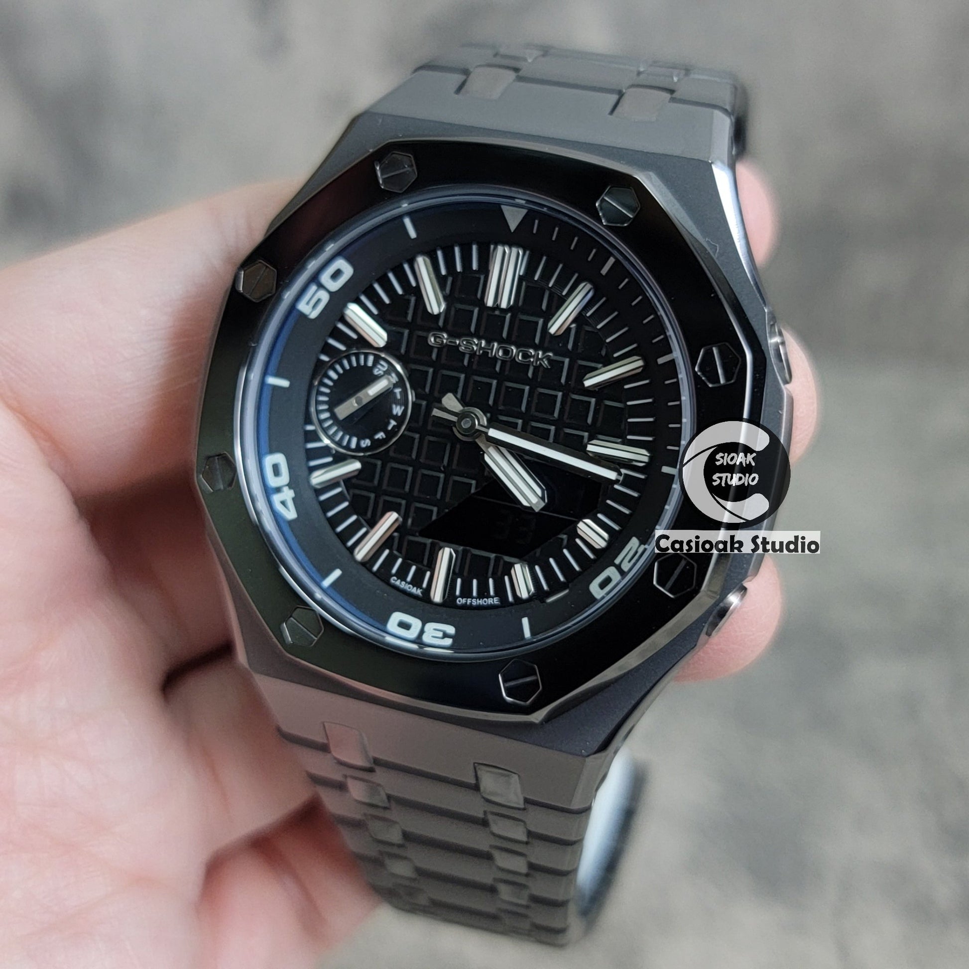 Casioak Mod Watch New Polished Gray Case Metal Strap Silver Time Mark Black Dial 44mm Sapphire Glass- Casioak Mod Casio G-Shock Royal Oak Custom Mens Luxury Watches Ga2100