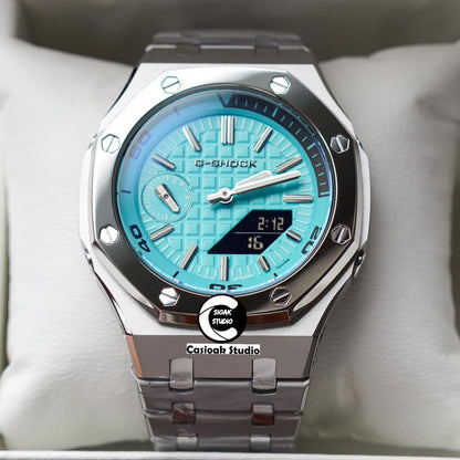 Casioak Mod Watch New Polished Silver Case Metal Strap Silver Time Mark Tiff Blue Dial 44mm Sapphire Glass- Casioak Mod Casio G-Shock Royal Oak Custom Mens Luxury Watches Ga2100