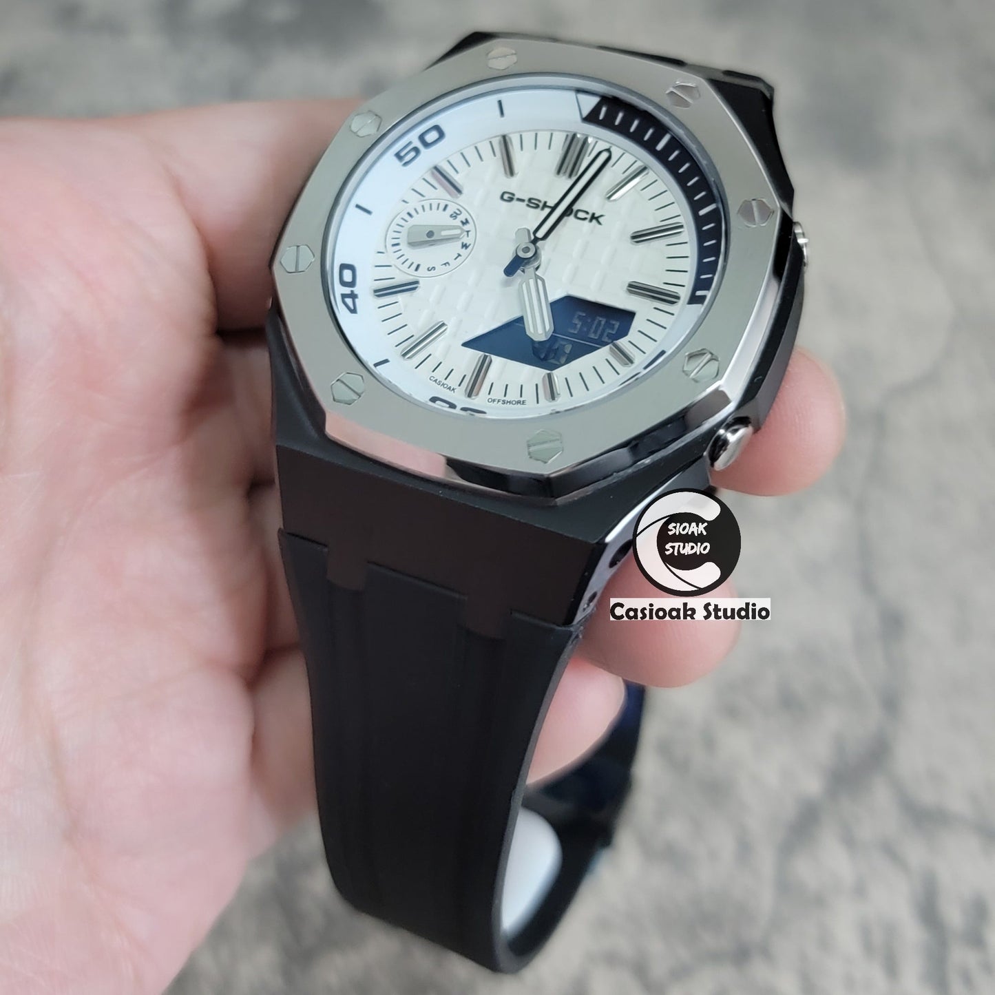 Casioak Mod Watch New Silver Black Case Black Rubber Strap Silver Time Mark White Dial 44mm Sapphire Glass- Casioak Mod Casio G-Shock Royal Oak Custom Mens Luxury Watches Ga2100