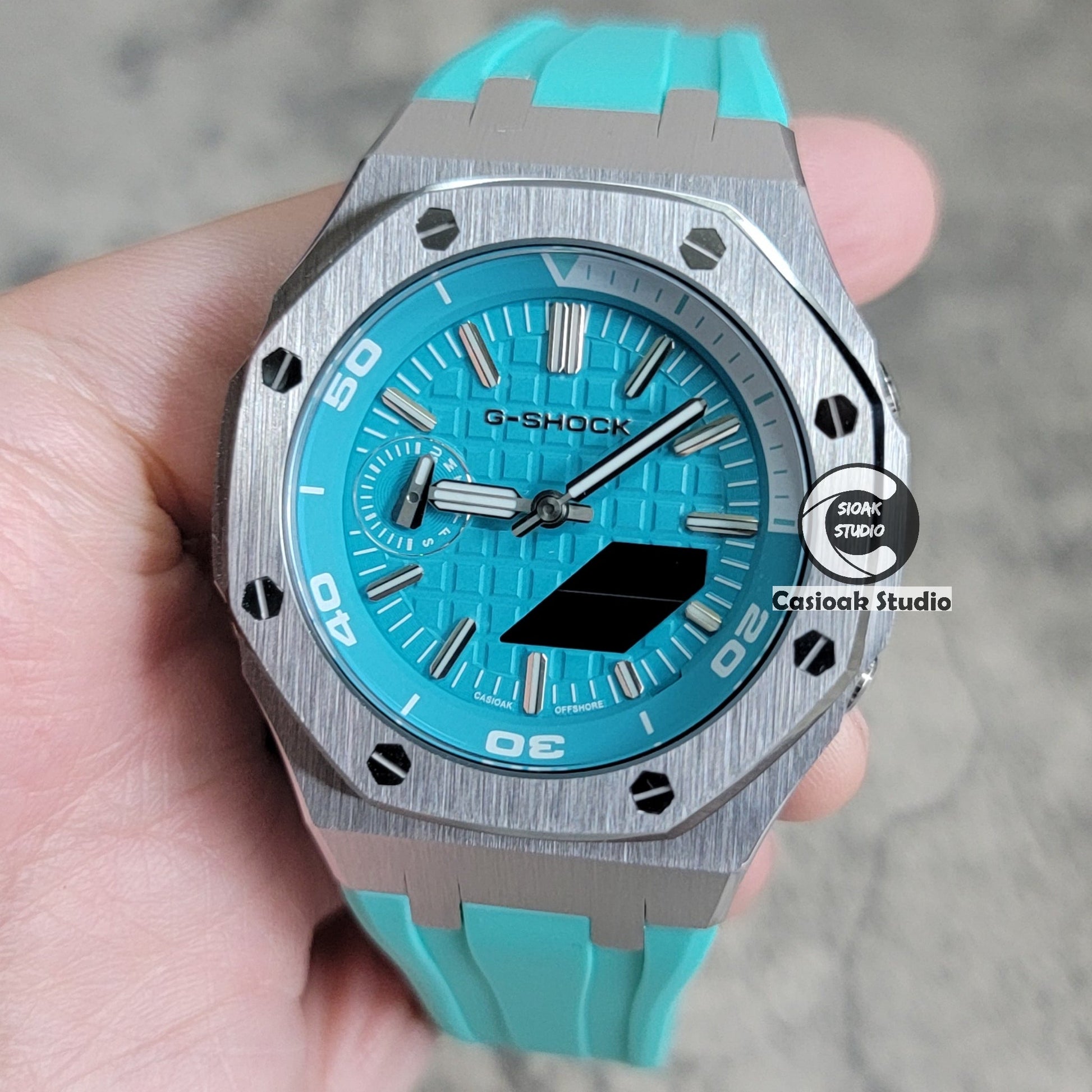 Casioak Mod Watch New Silver Case Tiff Rubber Strap Silver Time Mark Tiff Blue Dial 44mm Sapphire Glass- Casioak Mod Casio G-Shock Royal Oak Custom Mens Luxury Watches Ga2100