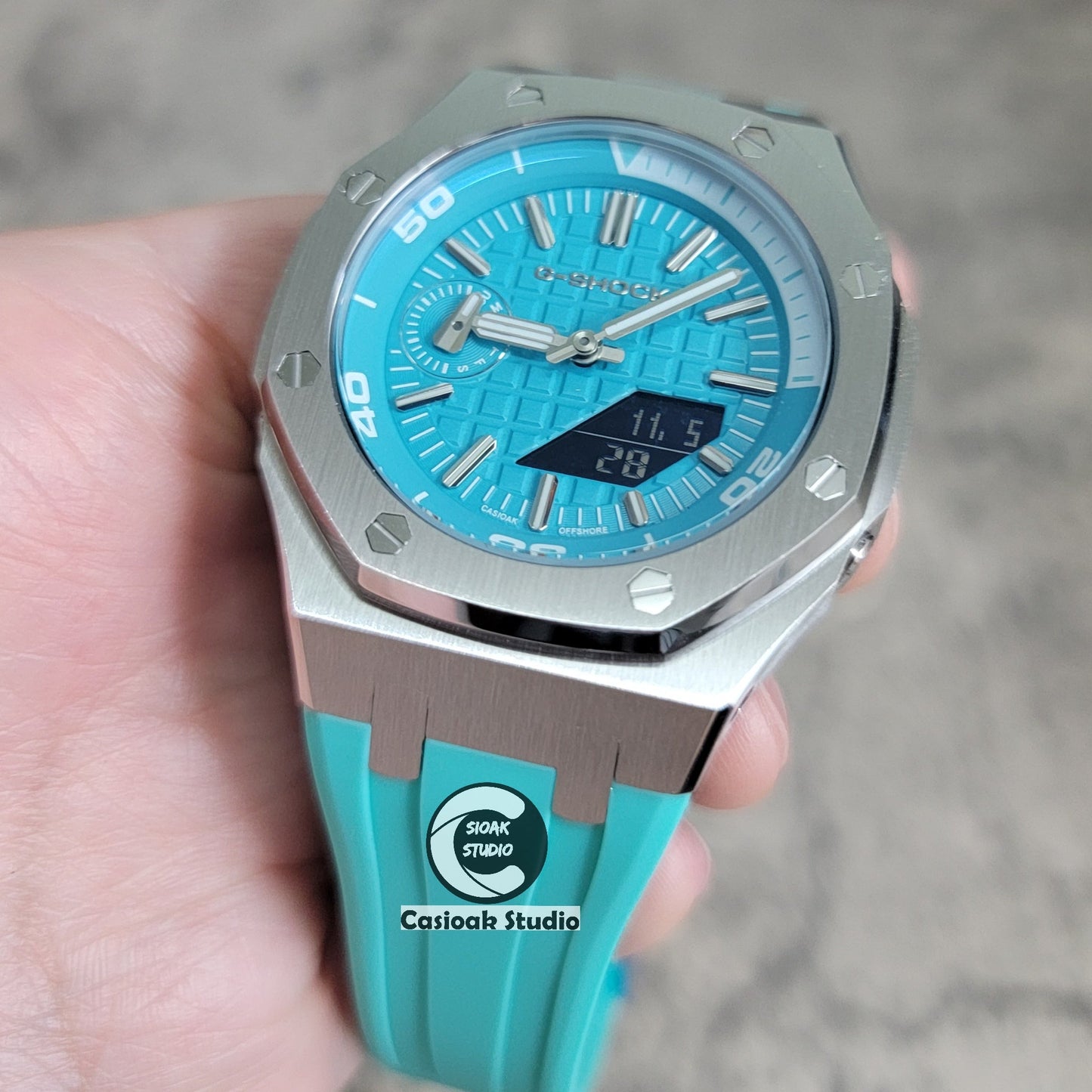 Casioak Mod Watch New Silver Case Tiff Rubber Strap Silver Time Mark Tiff Blue Dial 44mm Sapphire Glass- Casioak Mod Casio G-Shock Royal Oak Custom Mens Luxury Watches Ga2100